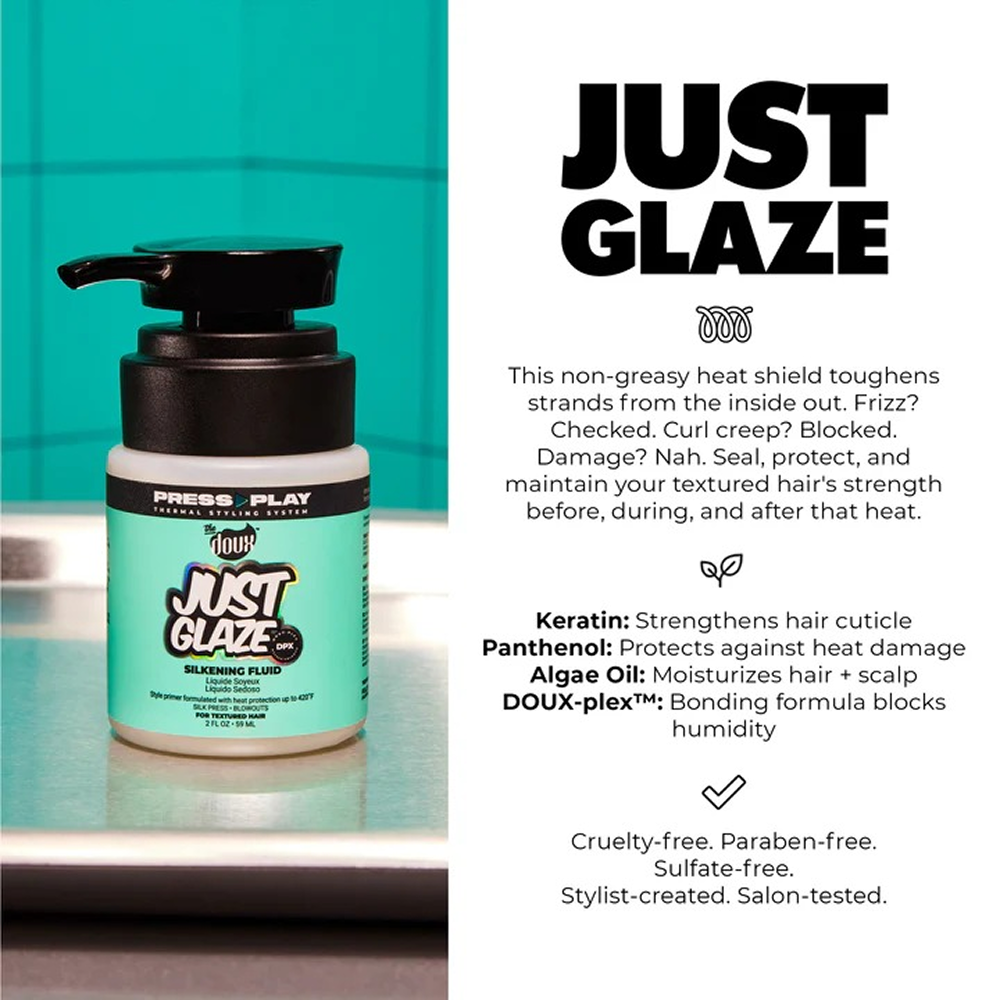 The Doux Press Play Just Glaze Silkening Fluid 2oz - Protector térmico - Curly Nest Spain